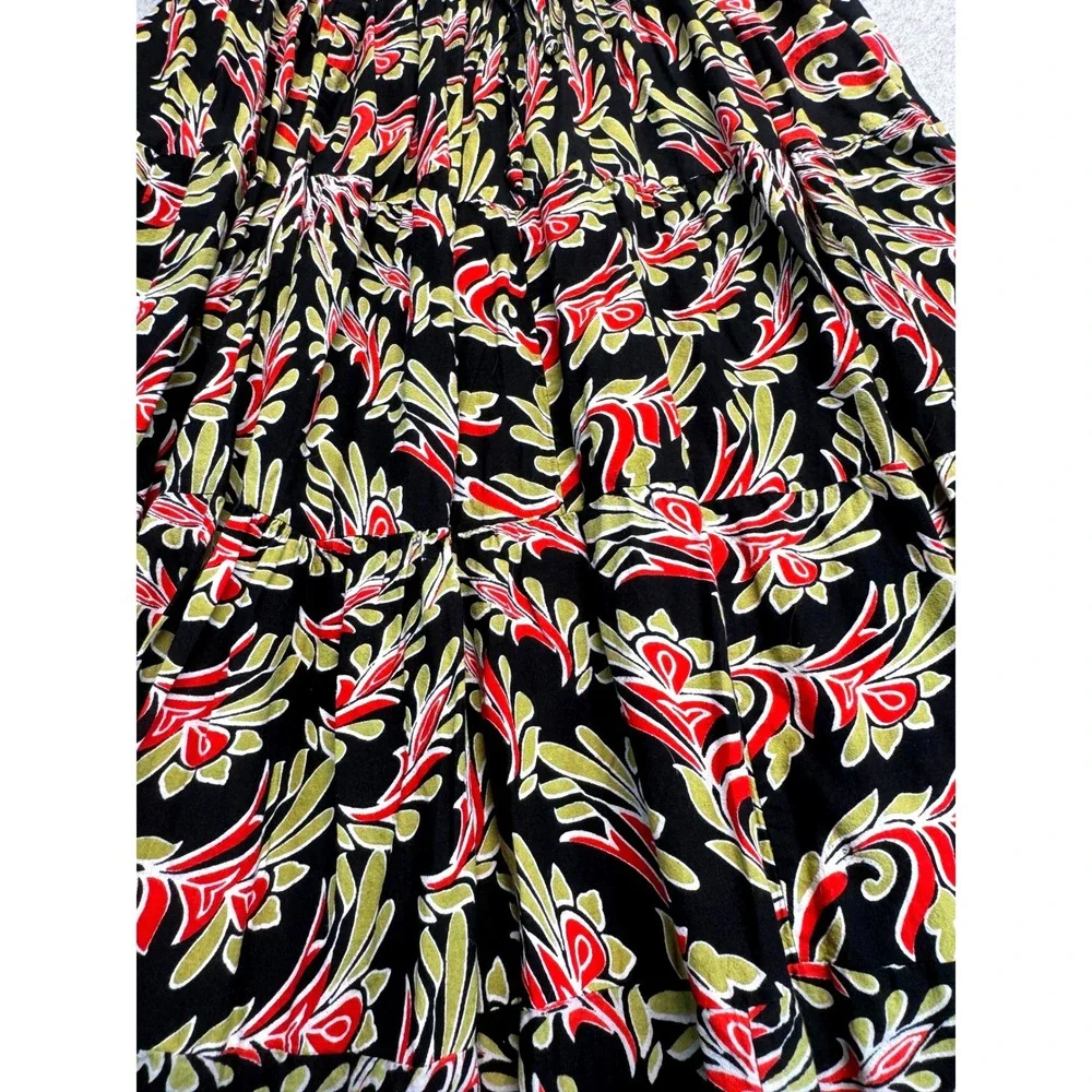 Ashley Taylor Womens Tiered Maxi Skirt Black Red Floral 100% Cotton Size L Flowy